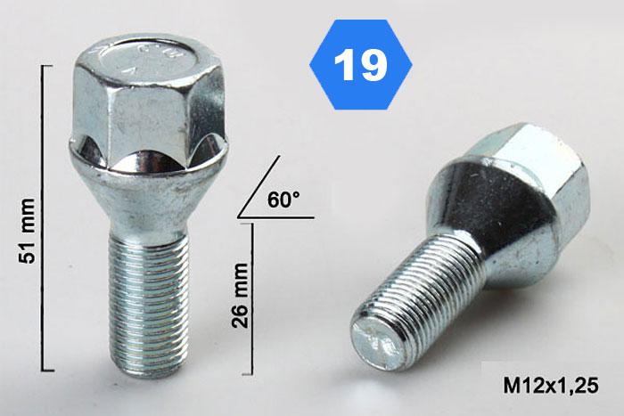 M12x1,25 Wielbout conisch, Draadlengte 26mm, SW 19